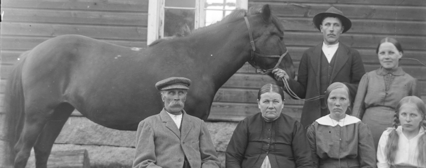 asemmalta. Kusti Saarenpää, vaimonsa Natalia. Ida (os. Nyman) Saarenpää, Hilda (os. Saarenpää) Koski. Takana hevosta pitelee Eeli Saarenpää, vieressään vaimonsa Sandra. Kuva otettu 1916.