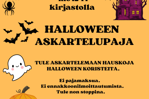 Hämähäkkejä, lepakoita, aave, naurava kurpitsa, kummitustalo, luudalla lentävä noita