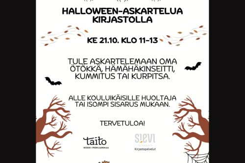 Kuvassa hämähäkkejä, lepakoita, oksia ja kurpitsoja.