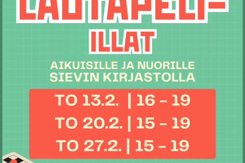 Teksti lautapeli-illat ja päivämäärät. Kuvia pelilaudoista ja nopista.