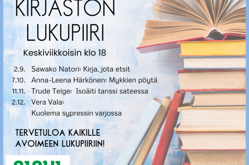 Kuva kirjapinosta ja tiedot lukupiiriajankohdista.