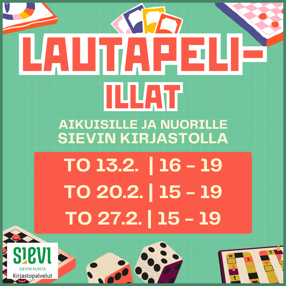 Teksti lautapeli-illat ja päivämäärät. Kuvia pelilaudoista ja nopista.